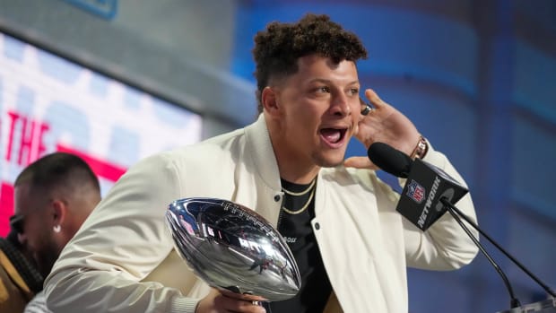 Apr 27, 2023; Kansas City, MO, USA; Kansas City Chiefs quarterback Patrick Mahomes greets fans during the first round of the 2023 NFL Draft at Union Station. Mandatory Credit: Kirby Lee-USA TODAY Sports